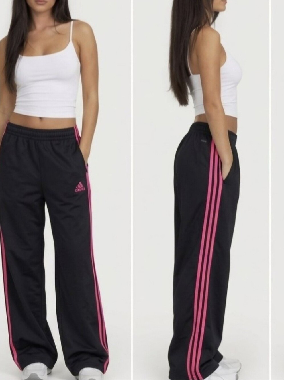 Vintage Y2K🖤🩷 "Adidas" Nylon Black Full Length Pants with Pink Side Stripes 🎀